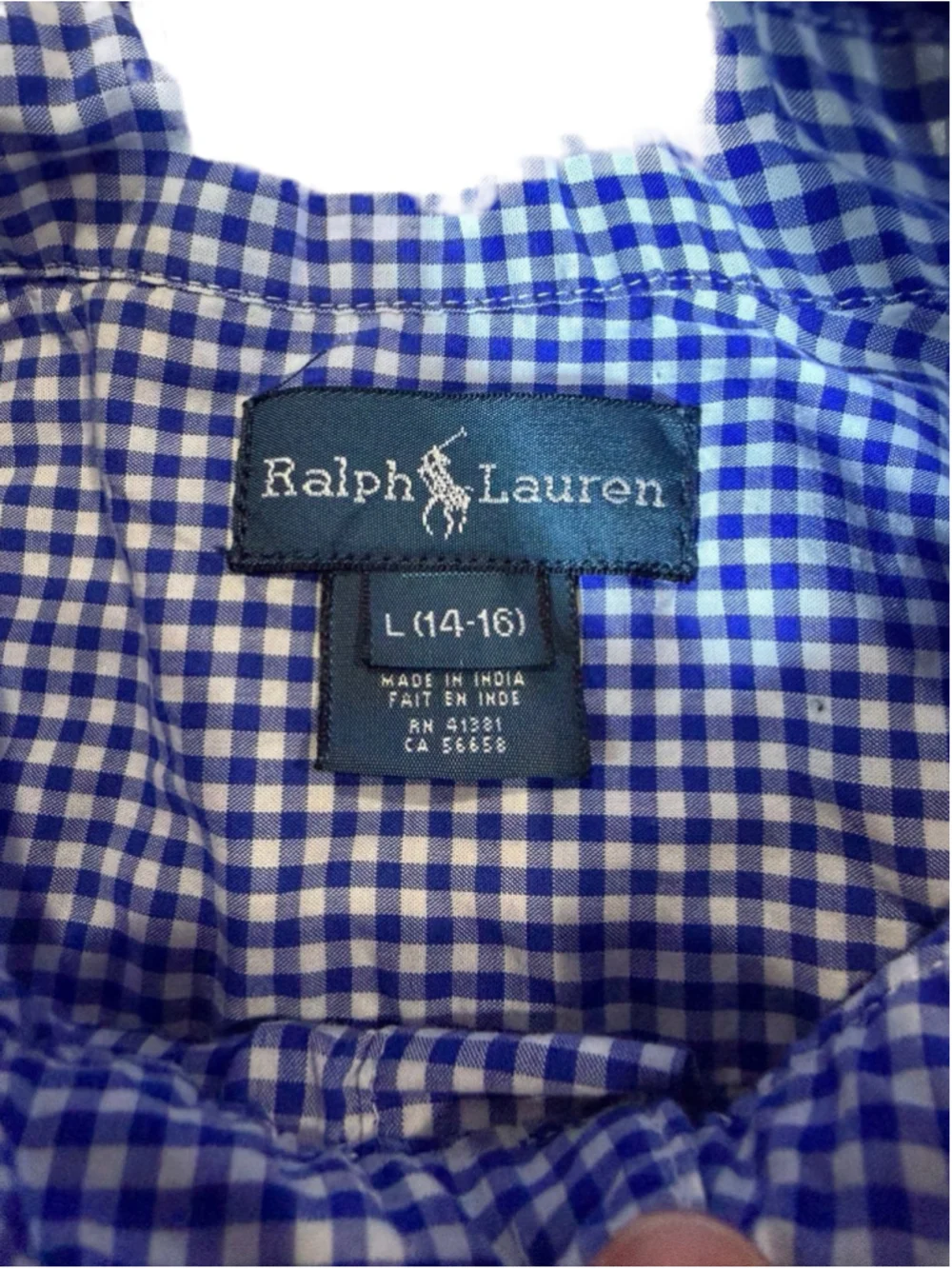 Ralph Lauren Kids L 14–16 Blue White Gingham Button Down Shirt Green Pony